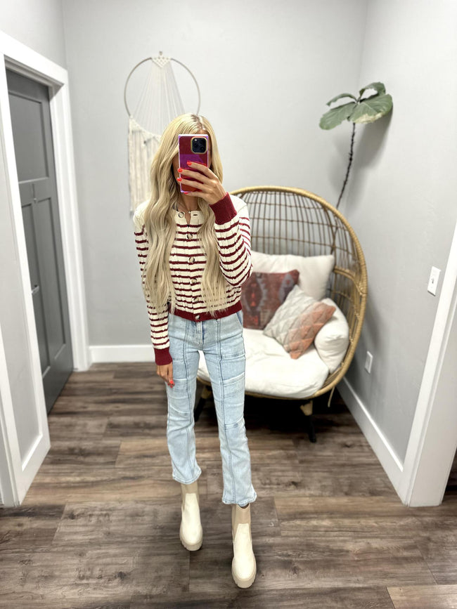 CANDICE CREAM AND BERRY STRIPE BUTTON UP CARDIGAN