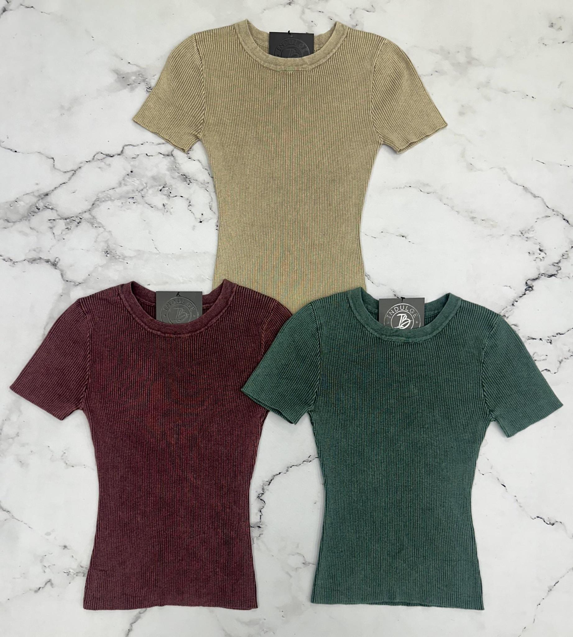 BRITT WASHED TAUPE RIBBED SHORT SLEEVE TOP