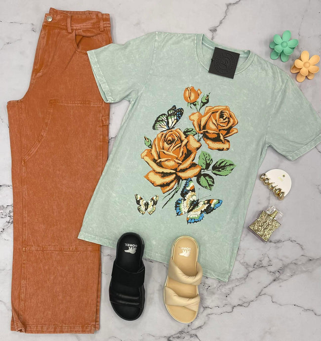 MINT ACID WASHED FLORAL BUTTERFLY GRAPHIC TEE