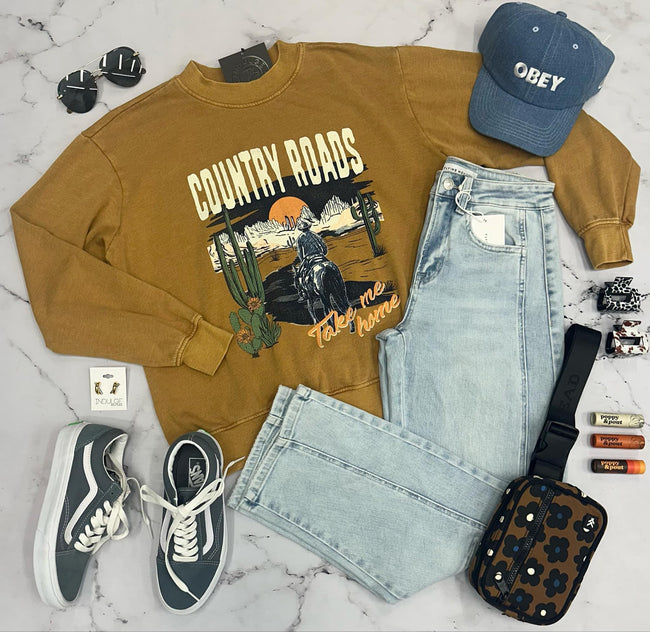 MUSTARD COUNTRY ROADS GRAPHIC CREW SWEATERS