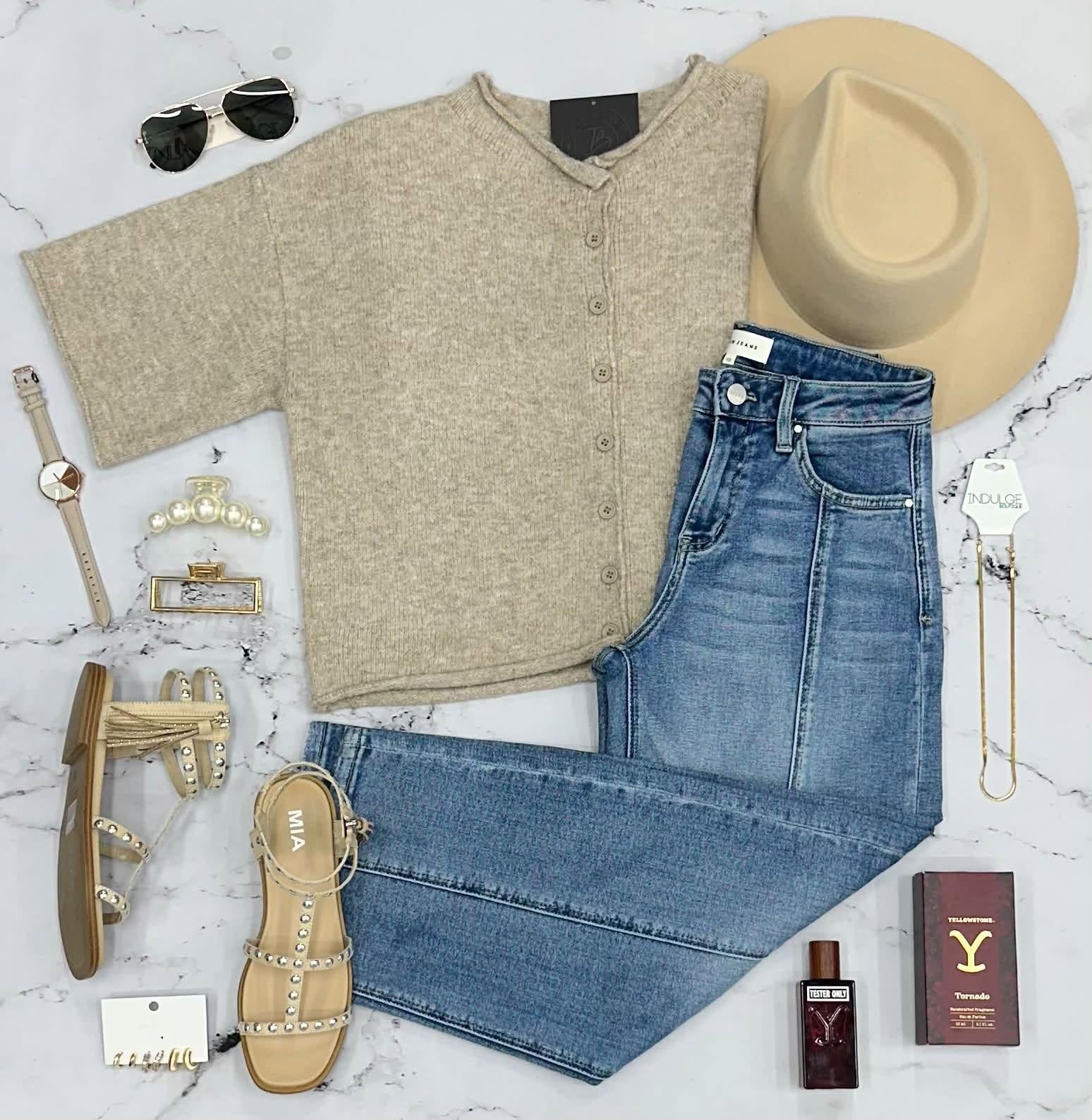 TAYA TAUPE SHORT SLEEVE BUTTON UP CARDIGAN TOP