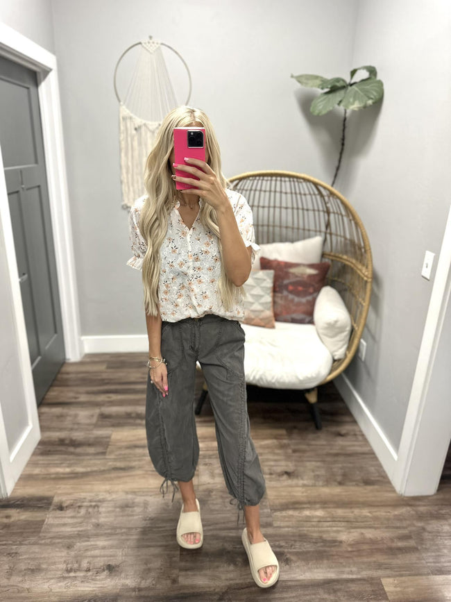 ANASON SHORT SLEEVE FLORAL EYELET BLOUSE TOP
