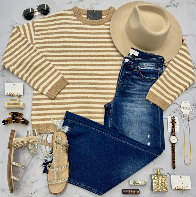 BIRDIE COFFEE AND CREAM STRIPE SWEATER TOP
