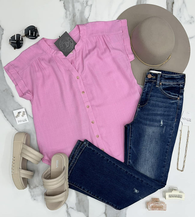 ROYCE PINK BUTTON UP SHORT SLEEVE BLOUSE