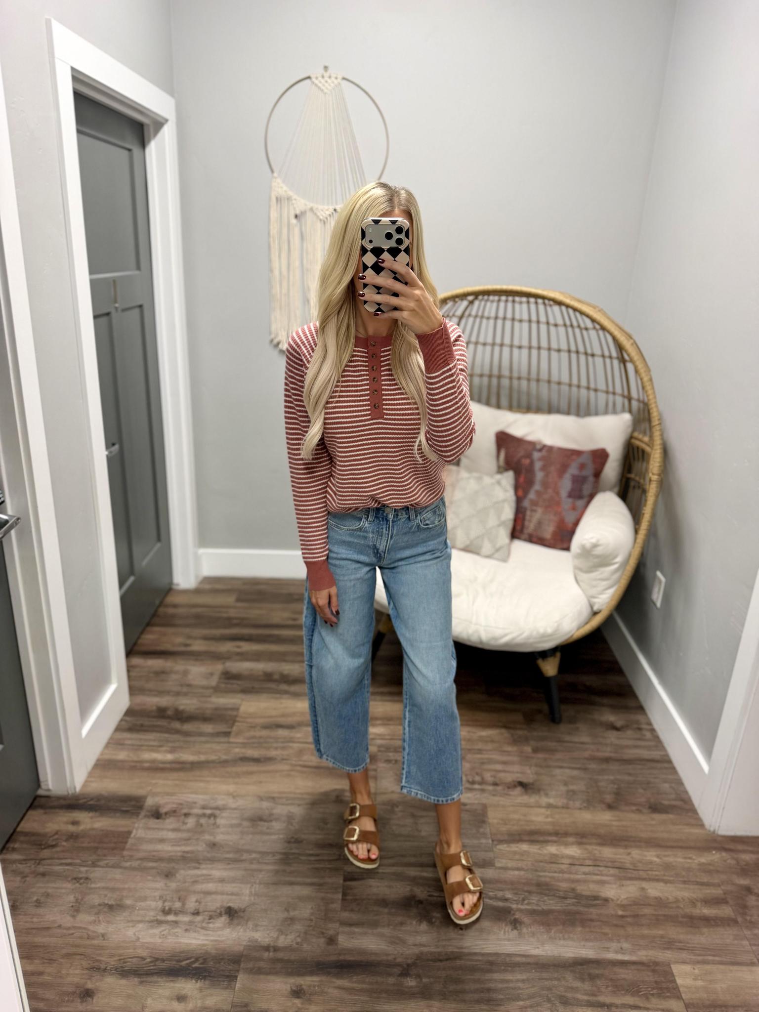 MARLIE MARSALA AND IVORY STRIPED HENLEY TOP