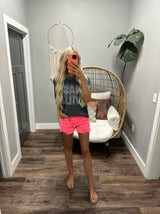 SEARCHING FOR SUNSHINE HOT PINK DISTRESSED SHORTS