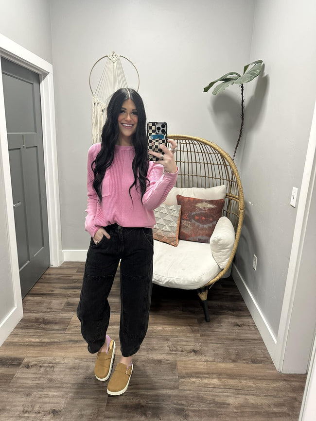SHELBY PINK WASHED POCKET KNIT SWEATER TOP