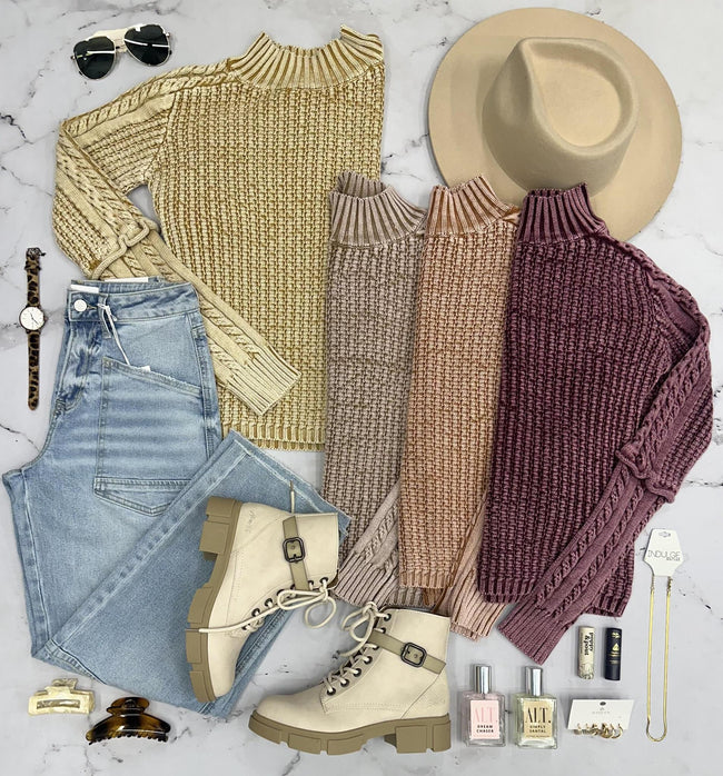 TEXI WASHED RUST SLEEVE CABLE KNIT SWEATER TOP