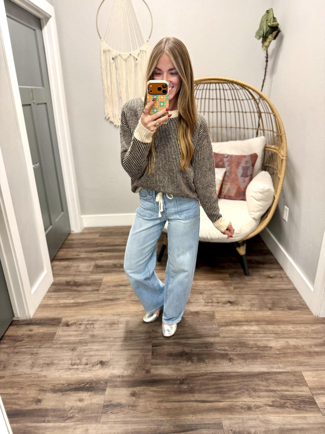MISTI CHOCOLATE STRIPE SWEATER TOP