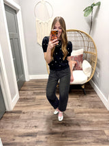HARRISON BLACK AND IVORY POLKA DOT EMBROIDERED SWEATER TOP