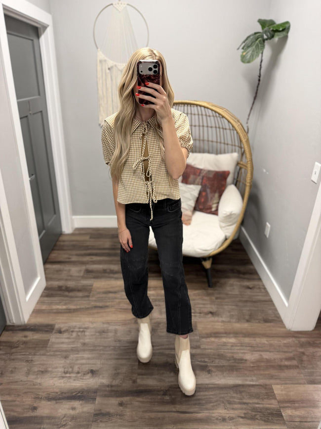 CHEYANNE TAUPE PLAID TIE FRONT BLOUSE TOP