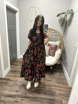 SHAUNA BLACK FLORAL MIDI DRESS