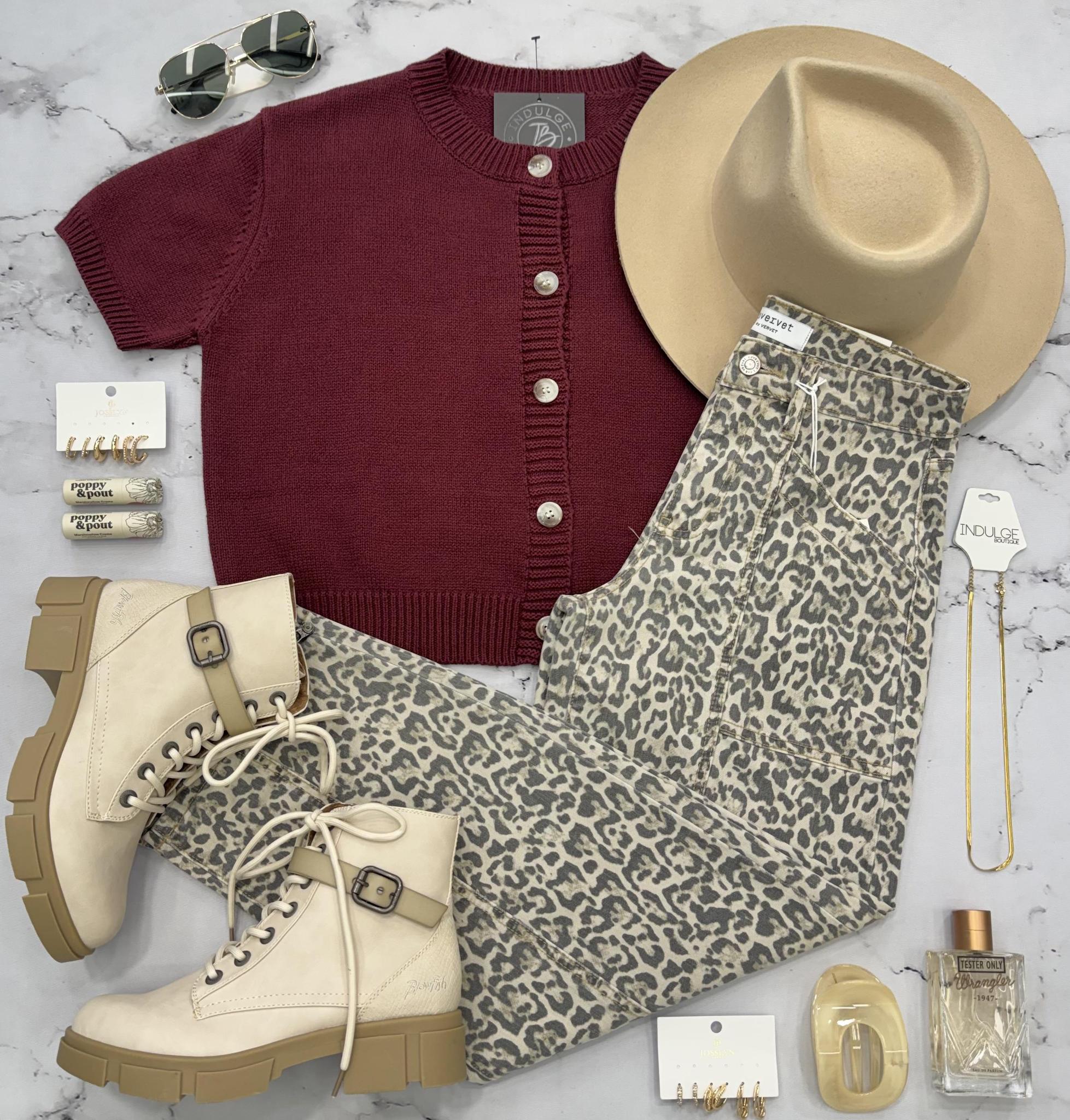 MICHELLE BURGUNDY SHORT SLEEVE CARDIGAN TOP