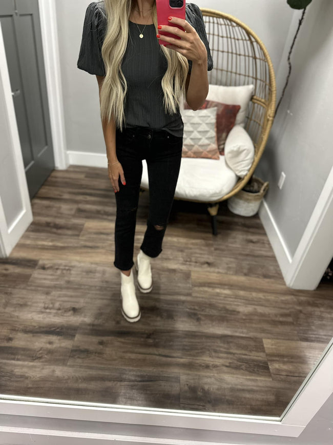 PUFF SLEEVE TOP IN SLATE GRAY