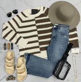 CELINE IVORY AND MOCHA STRIPE COLORBLOCK SWEATER TOP