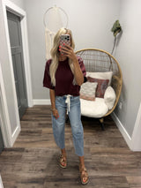 JUNE WHIPSTITCH WINE AND IVORY SHORT SLEEVE SWEATER TOP