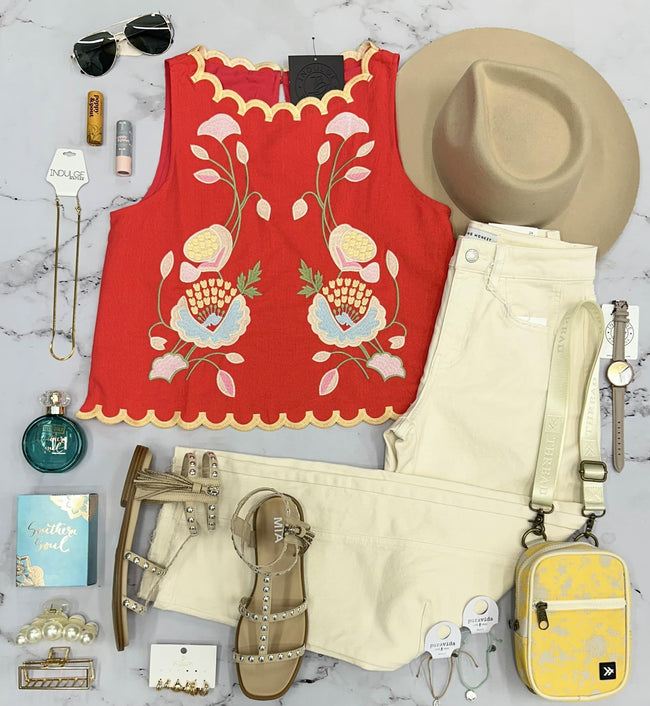 JESSICA POPPY EMBROIDERED TANK TOP BLOUSE