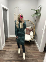 METALLIC HUNTER LONG PUFFER COAT W/DETACHABLE HOOD