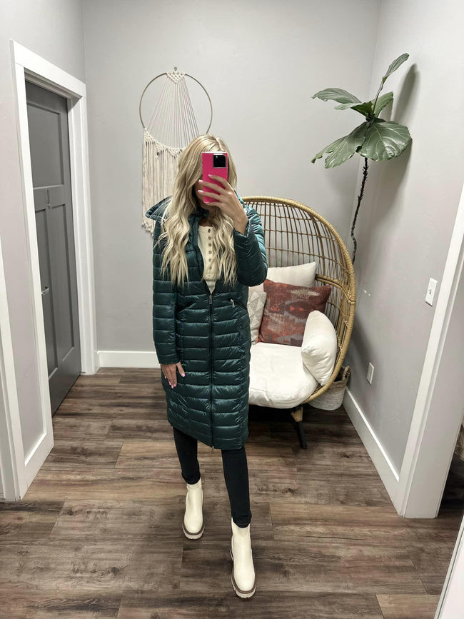 METALLIC HUNTER LONG PUFFER COAT W/DETACHABLE HOOD