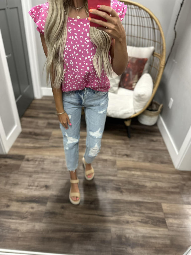 JULIAN PINK SPOTTED RUFFLE SLEEVE BLOUSE