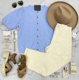 TARA BLUE BUTTON UP SHORT SLEEVE SWEATER TOP