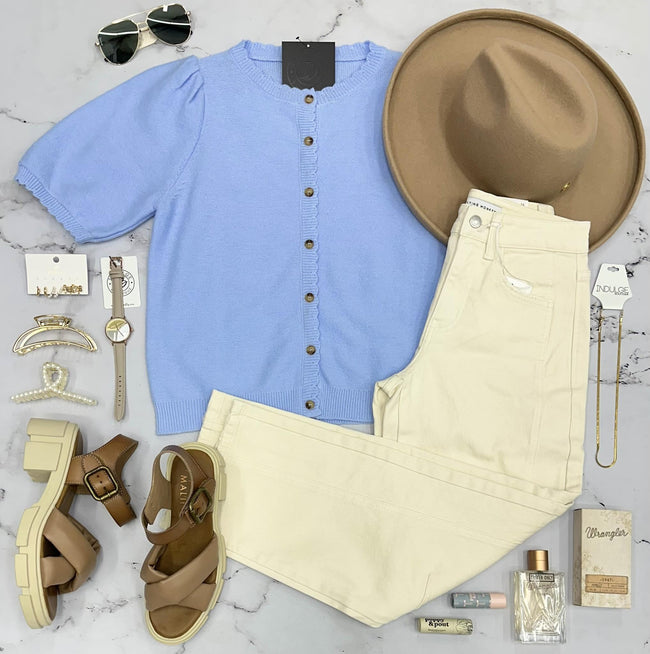 TARA BLUE BUTTON UP SHORT SLEEVE SWEATER TOP