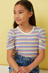 GIRLS LAVENDER AND BLUE MULTI STRIPE PUFF SLEEVE TOP