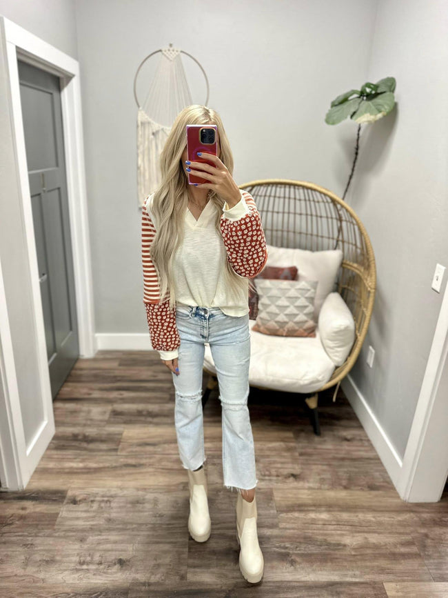 ERICA CREAM RUST FLORAL FP DUPE SWEATER TOP