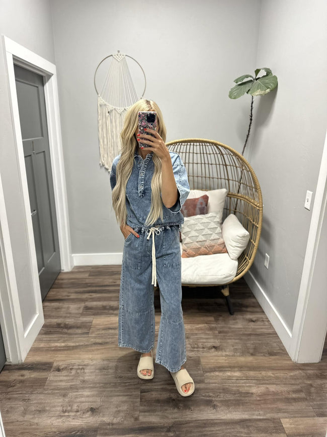 CHANDIE DENIM HENLEY SHORT SLEEVE BLOUSE