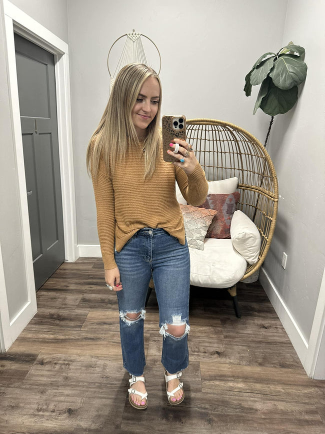 EASY DOES IT CAMEL RIBBED LONG SLEEVE SWEATER TOP