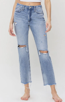 LET'S SPLIT HIGH RISE DISTRESSED STRAIGHT LEG DENIM