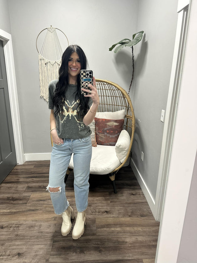 CHARCOAL WASHED BUTTERFLY GRAPHIC TEE