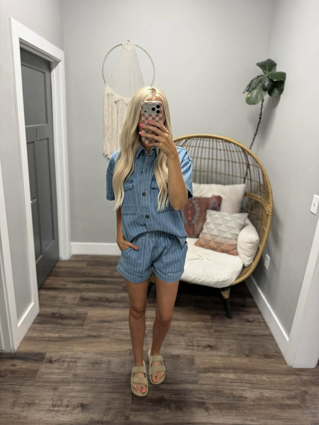 ALLY STRIPE DENIM SHIRT AND SHORT SET