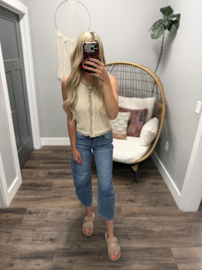 TRINA NEUTRAL OPEN KNIT BUTTON UP SWEATER TANK