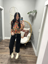 KENNIDEE FLORAL PRINTED MOCK NECK RIBBED TOP