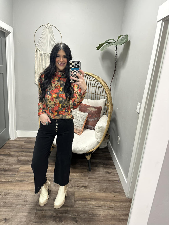 KENNIDEE FLORAL PRINTED MOCK NECK RIBBED TOP