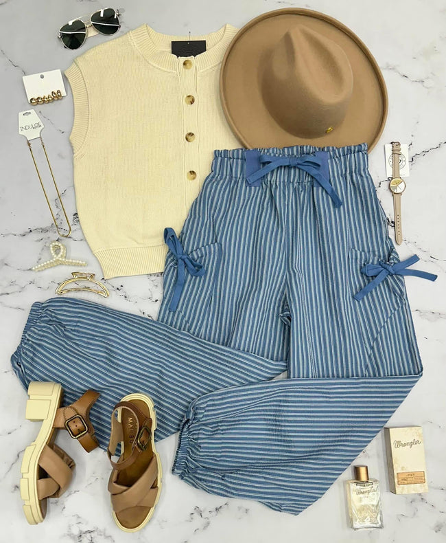 JILL DENIM BLUE PINSTRIPE SIDE TIE JOGGER PANTS