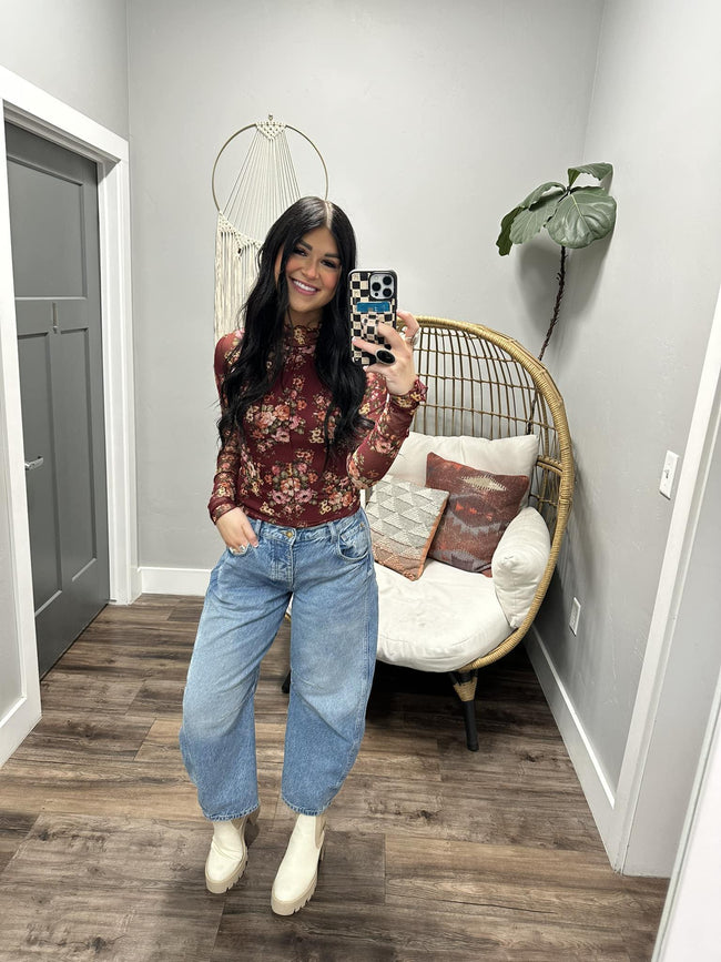 TYLA BURGUNDY LONG SLEEVE FLORAL MESH TOP