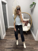 MELANIE ICE BLUE FLORAL PEARL SHORT SLEEVE SWEATER TOP
