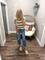 ANGIE OATMEAL AND BROWN STRIPE SHORT SLEEVE SWEATER TOP