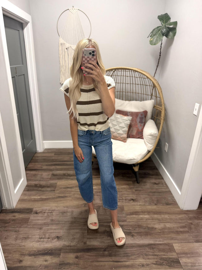 ANGIE OATMEAL AND BROWN STRIPE SHORT SLEEVE SWEATER TOP