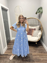 WENDY BLUE EMBROIDERED MIDI DRESS