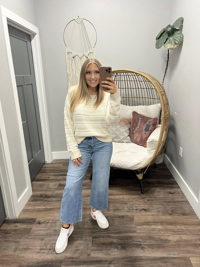 ALEXIS TAUPE MULTI STRIPE KNIT DETAIL SWEATER TOP