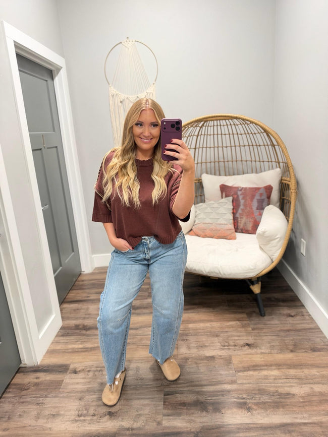 MADISON CHOCOLATE TAUPE STITCH DETAIL SWEATER TOP