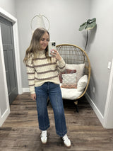 SUZY CREAM AND MAUVE CABLE KNIT METALIC SWEATER
