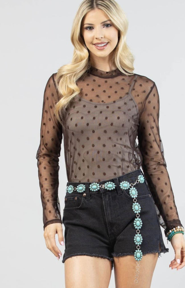 BLACK CONNECT THE DOTS MESH LONG SLEEVE TOP