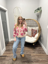 SKYLA PINK FLORAL TEXTURED BUTTON UP CARDIGAN TOP
