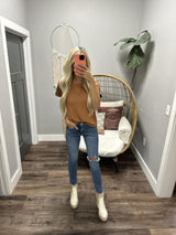 TRINA CAMEL KNIT FAUX LEATHER SLEEVE TOP