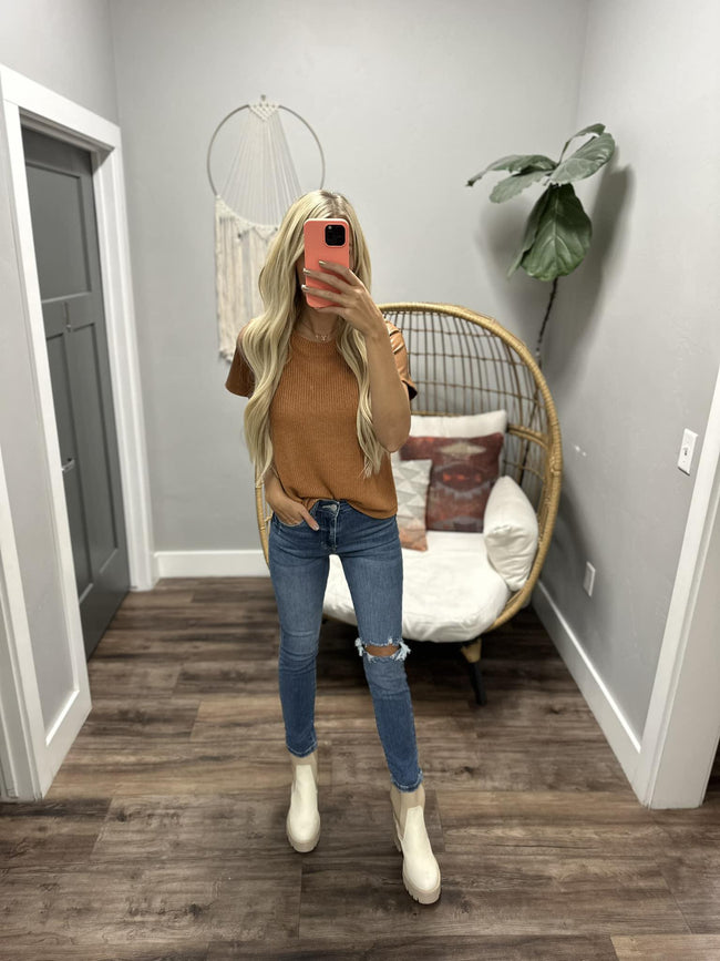 TRINA CAMEL KNIT FAUX LEATHER SLEEVE TOP