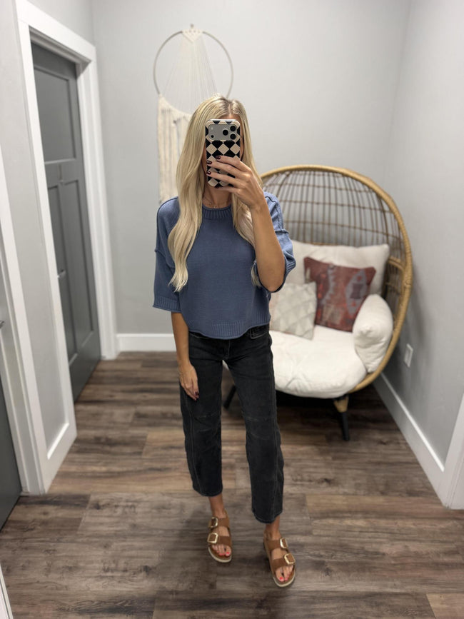 GRACE DENIM RAGLAN SHORT SLEEVE SWEATER TOP